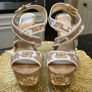 Jessica Simpson Heels, Size 7.5, White Overlay on Tan